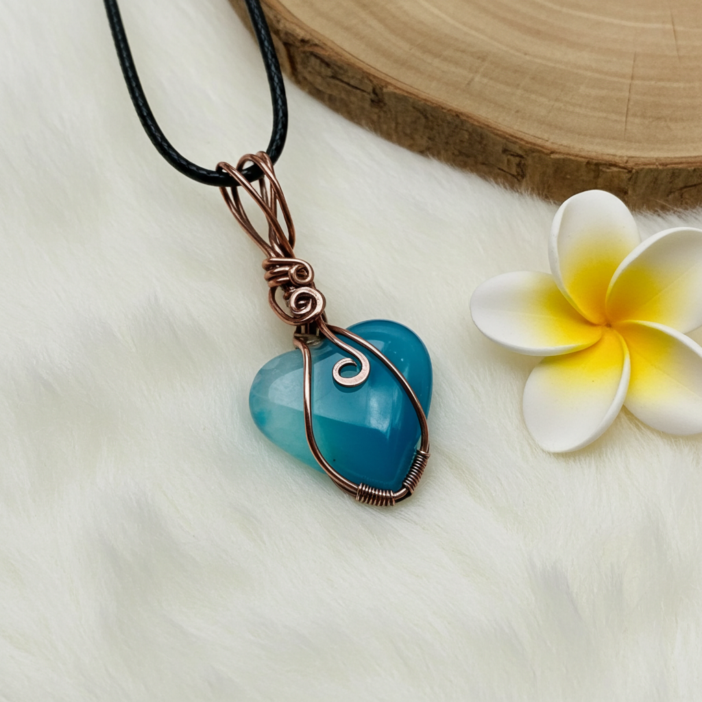 Druzy Geode Agate Wire Wrapped Heart Shaped Pendant
