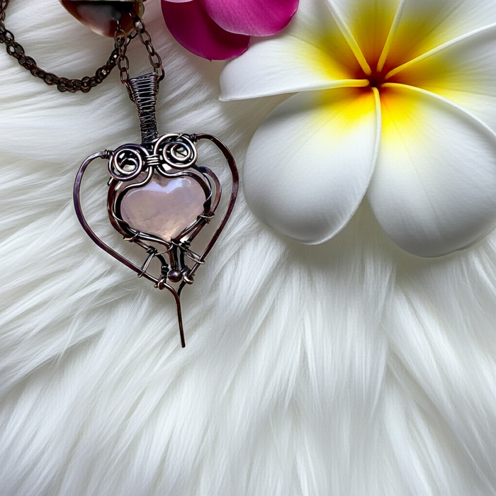 Rose Quartz Puffy Heart Wire Wrapped Pendant - Connie’s Crystals 