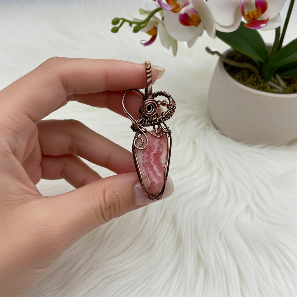 Rhodochrosite Raw Natural Wire Wrapped Pendant - Connie’s Crystals 
