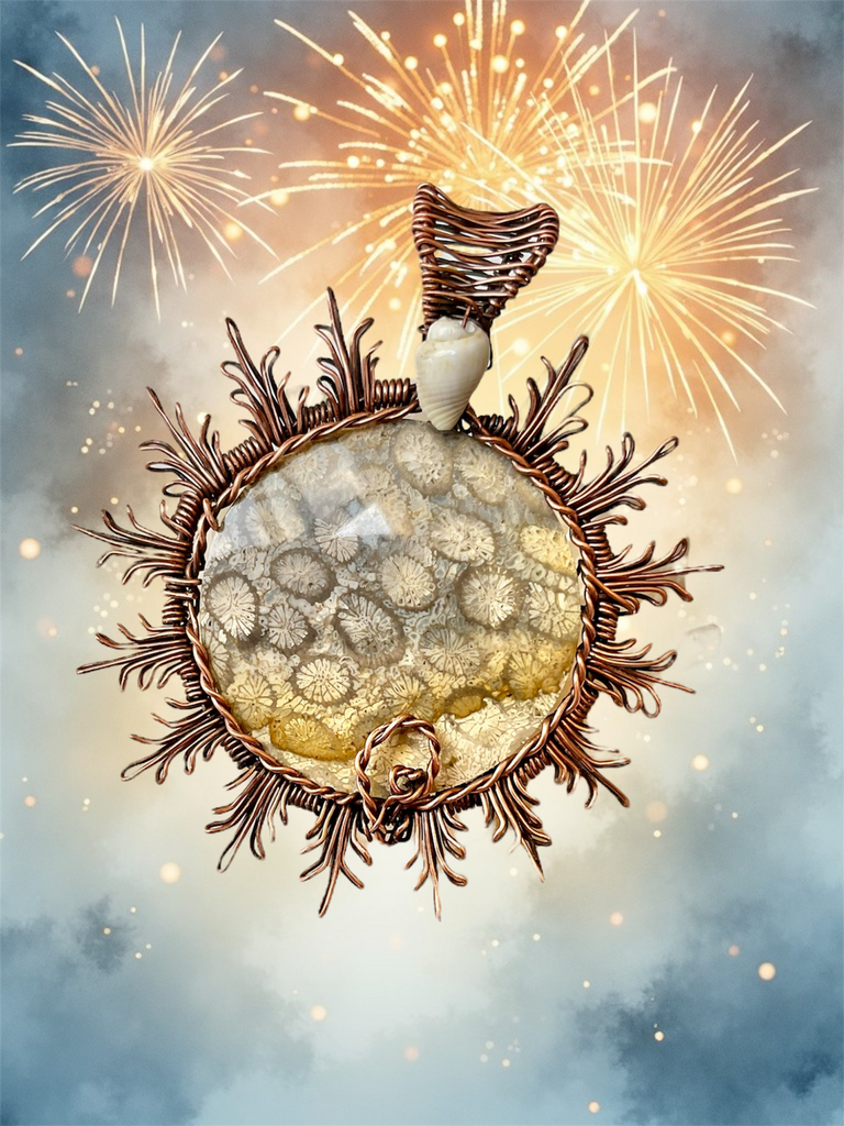Coral Fossil Sun Pendant with Shell Accent