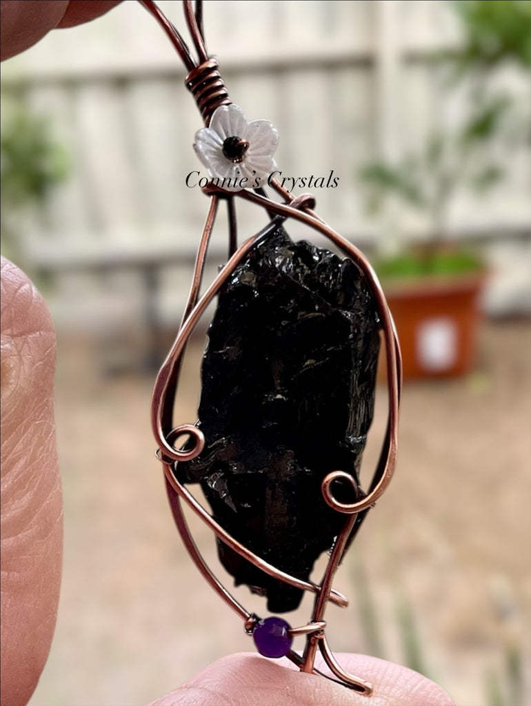 Noble Shungite Pendant With Amethyst and Black Spinel Accents