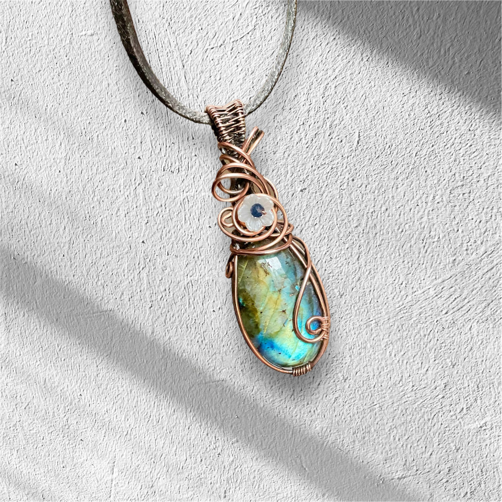 Labradorite Wire Wrapped Pendant with Sapphire