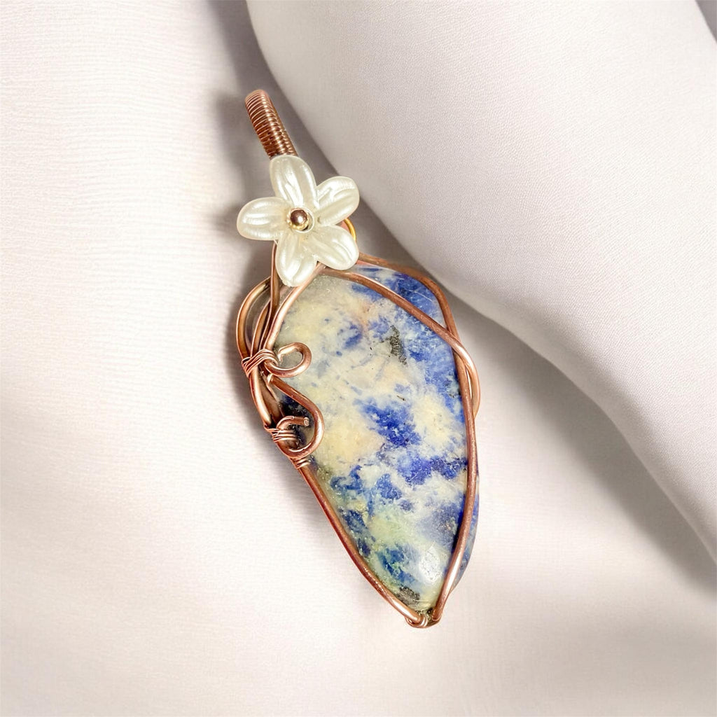 Sodalite Copper Wire Wrapped Pendant with Flower Accent