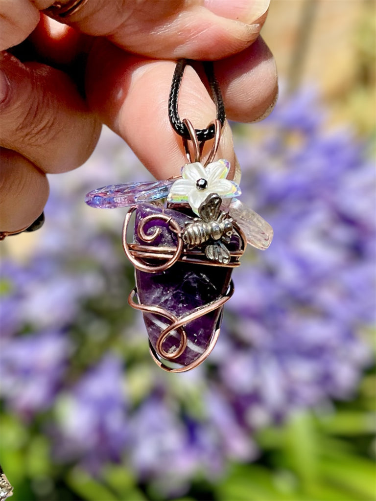 Chevron Amethyst “Bee & Bloom” Pendant — Black Spinel Flower Centre - Connie’s Crystals 