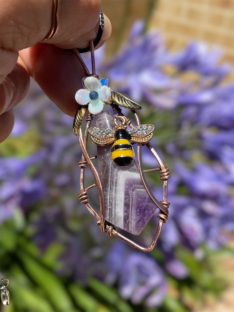 Chevron Amethyst “Bee & Bloom” Pendant-(Large) - Connie’s Crystals 
