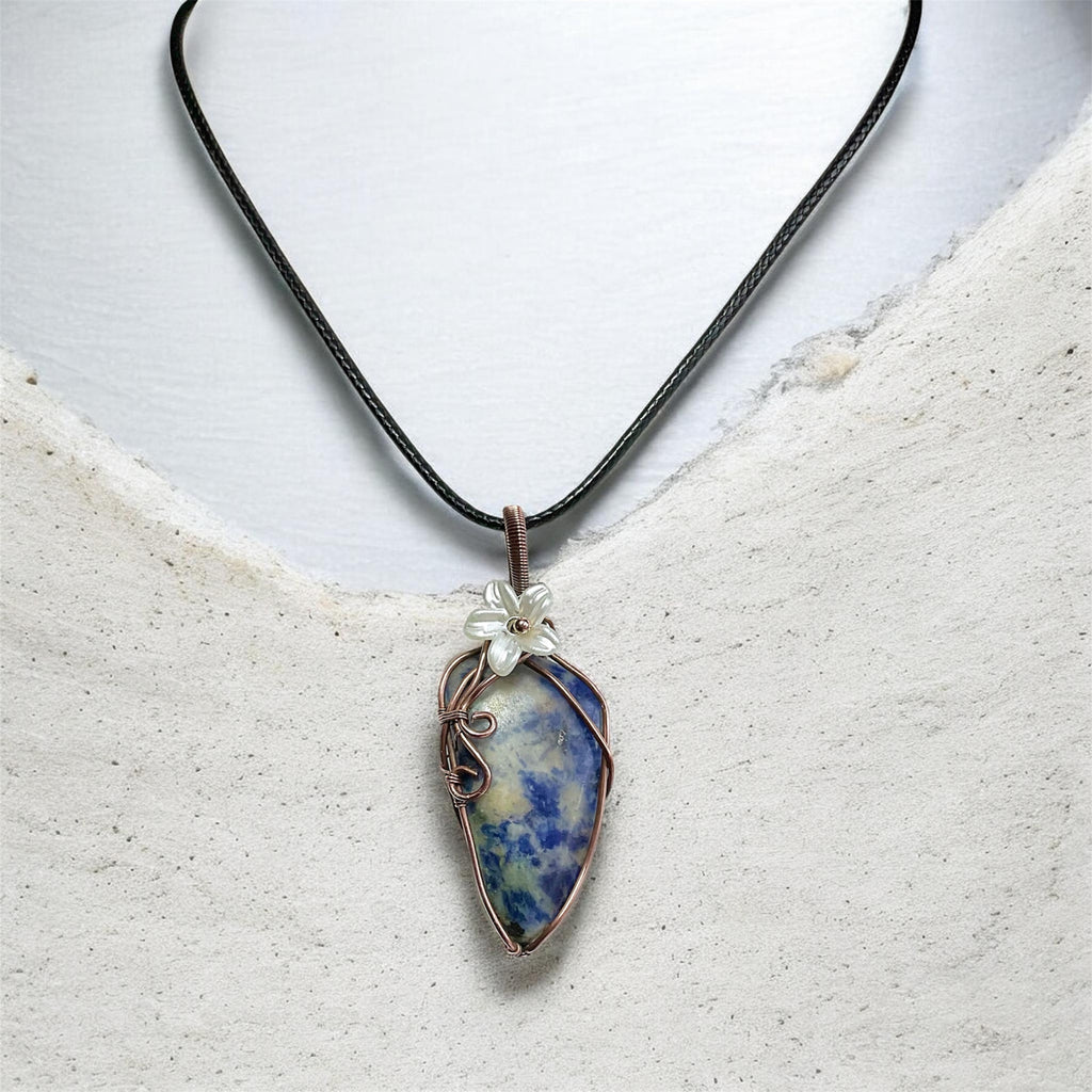 Sodalite Copper Wire Wrapped Pendant with Flower Accent