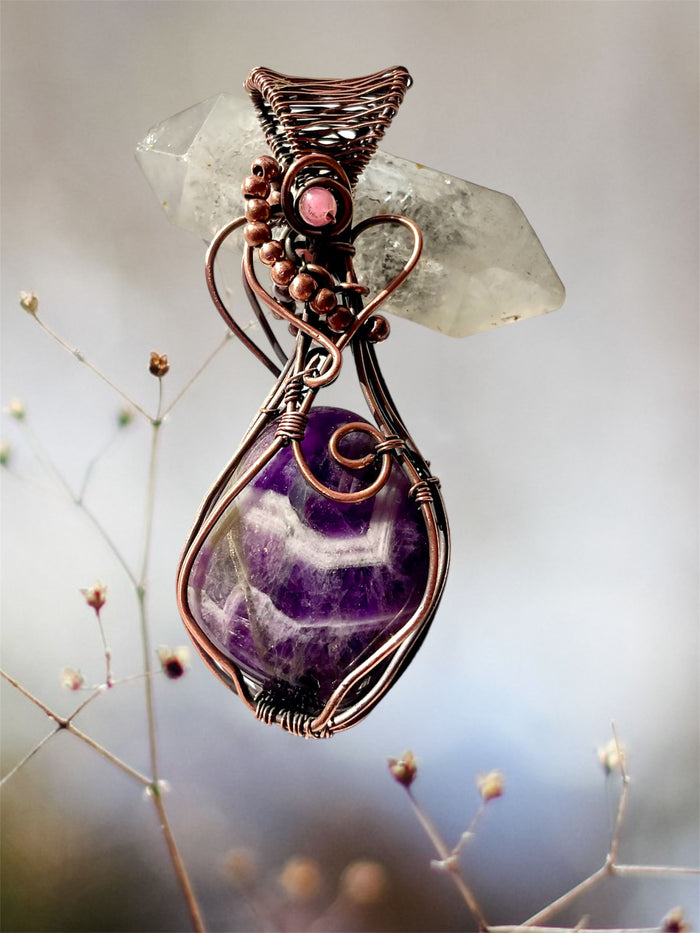 Chevron Amethyst Pendant with Pink Tourmaline