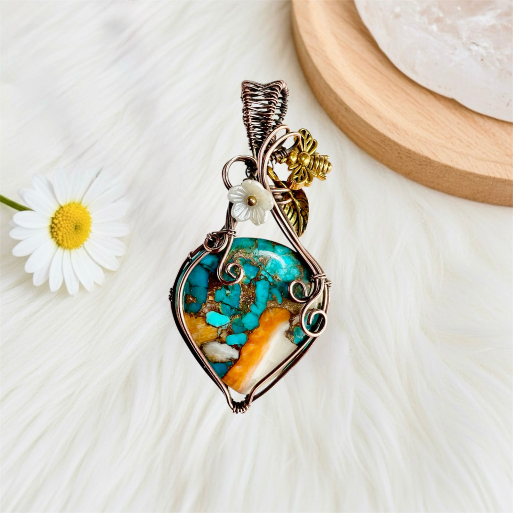 Spiny Oyster Turquoise Copper Wire-Wrapped Pendant