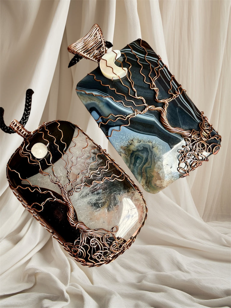 Black Druzy Agate Tree of Life with Moonstone Accent