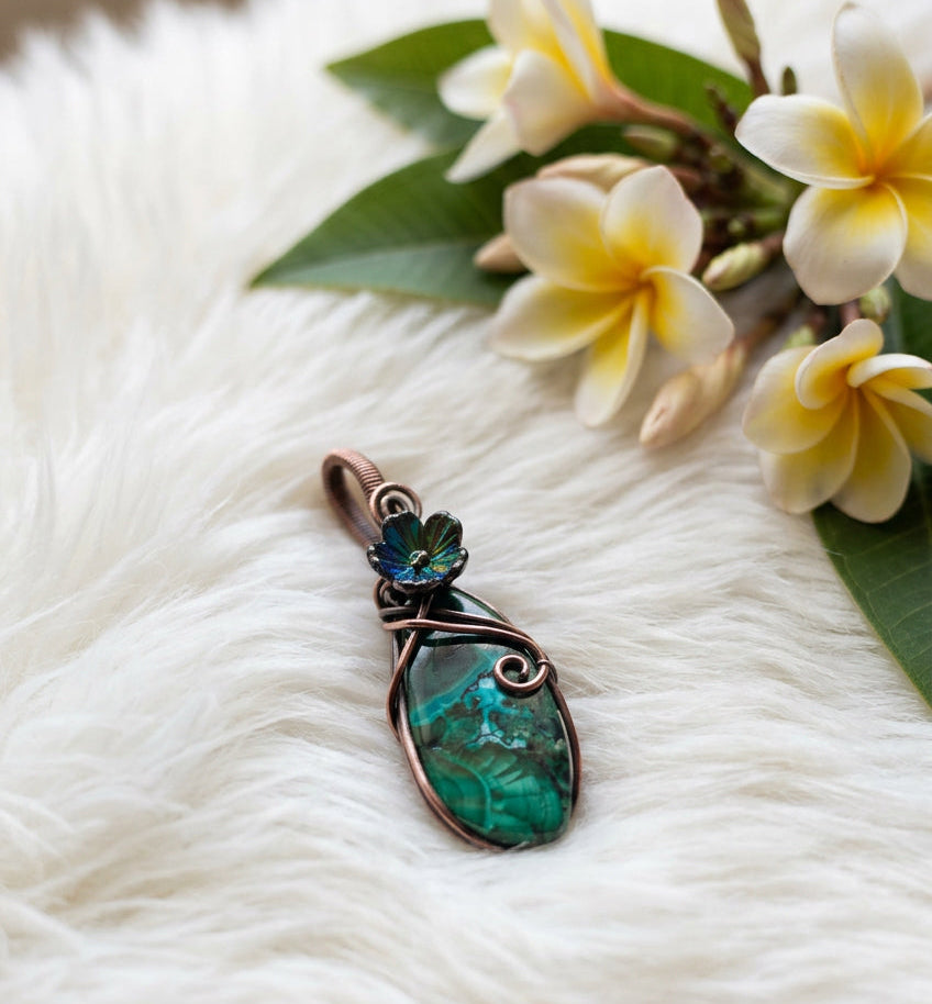 Chrysocolla in Malachite Flower Pendant - Connie’s Crystals 
