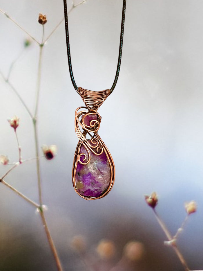 Charoite Wire Wrapped Pendant With Amethyst Accent