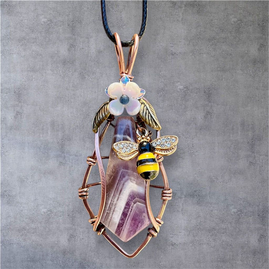 Chevron Amethyst “Bee & Bloom” Pendant-(Large) - Connie’s Crystals 