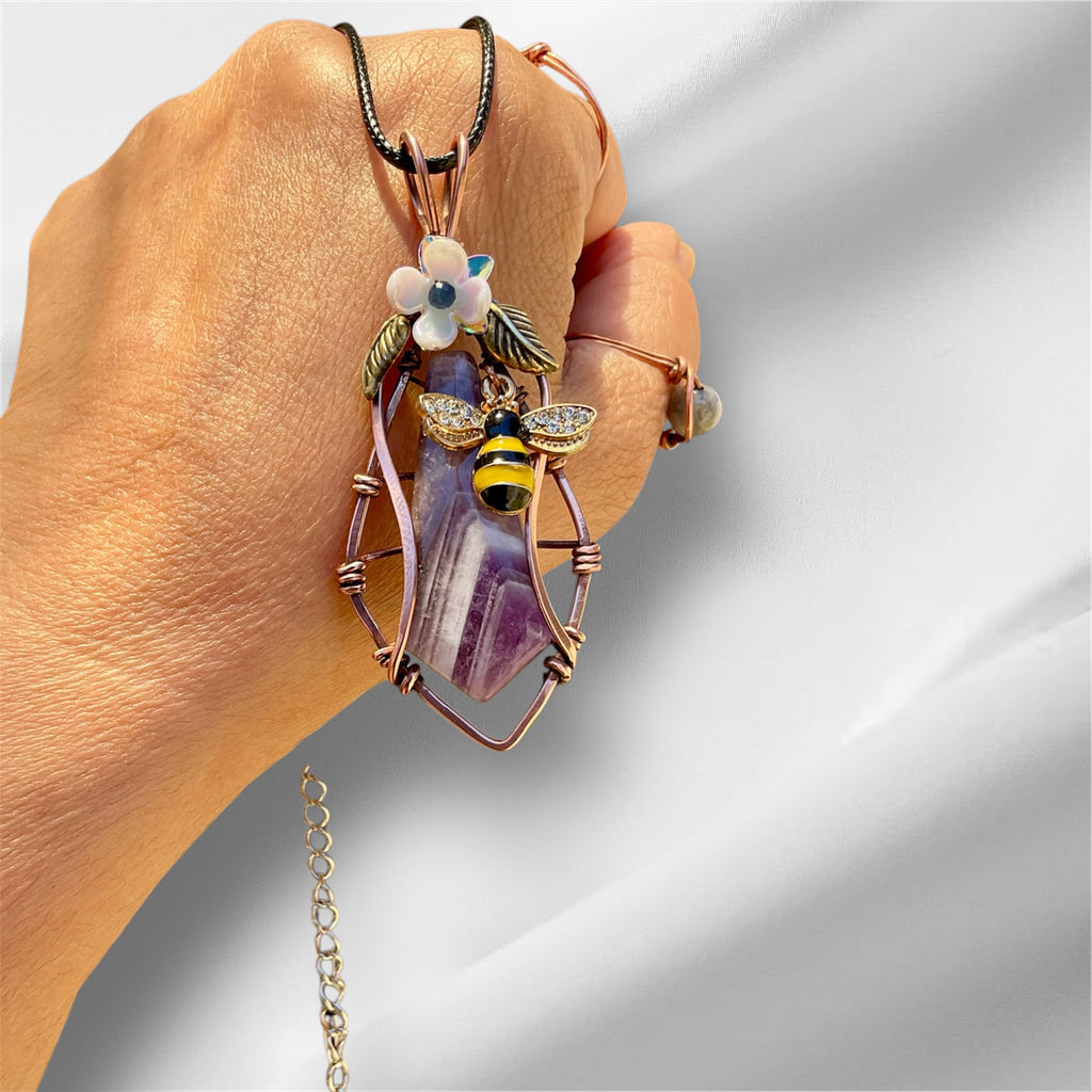 Chevron Amethyst “Bee & Bloom” Pendant-(Large) - Connie’s Crystals 