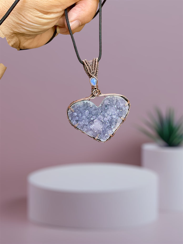 Amethyst Druzy Heart Pendant with Moonstone Accent - Connie’s Crystals 