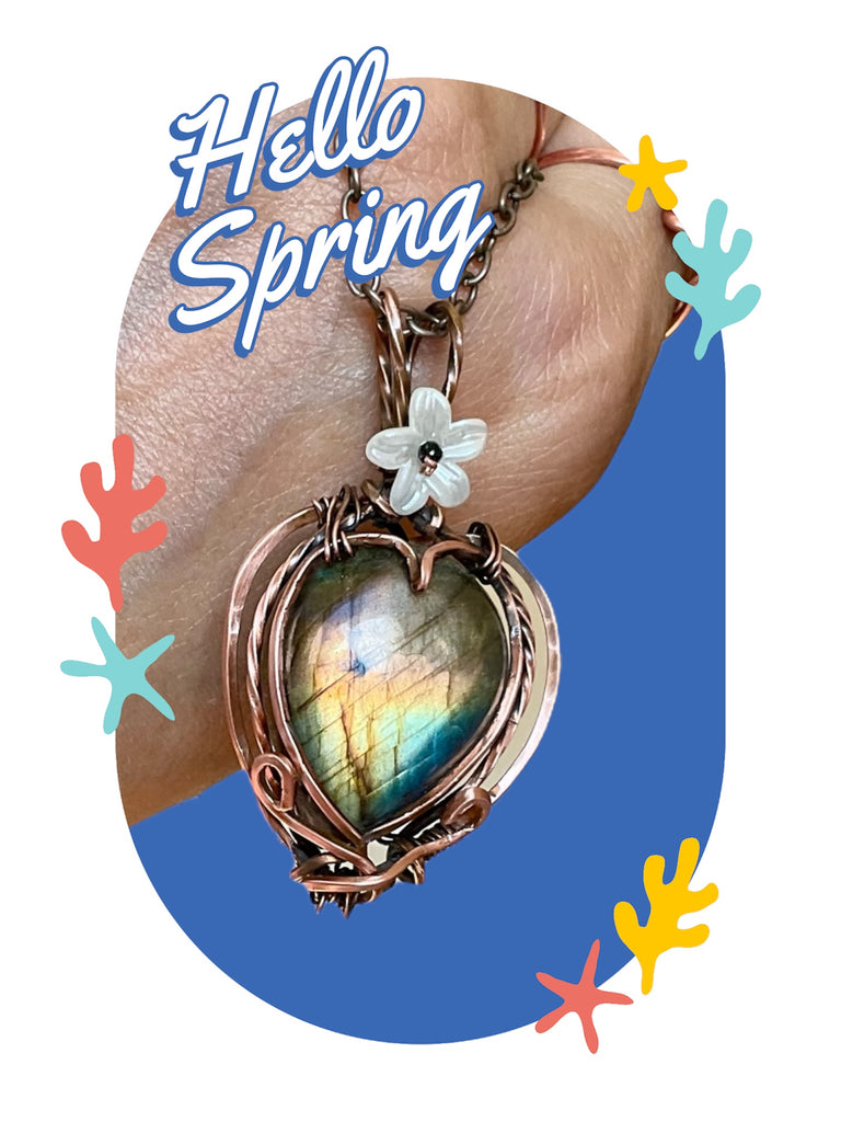 Labradorite Teardrop Pendant with Flower & Black Spinel Accent