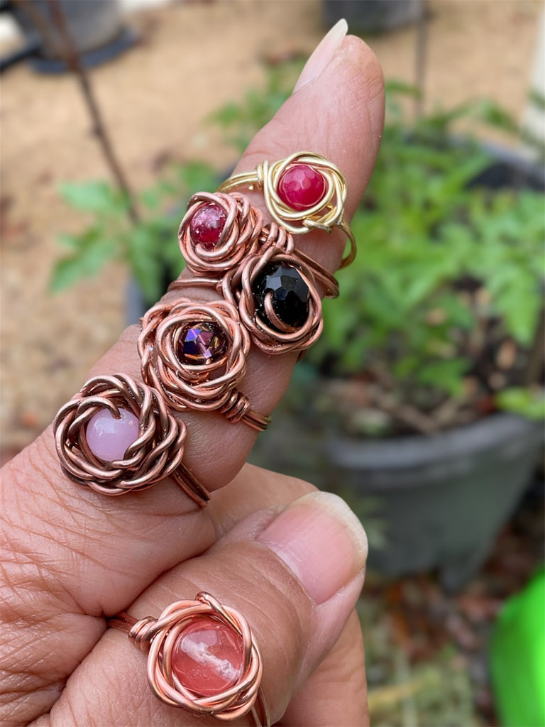 Handcrafted Copper Rose Rings with Gemstone Centres