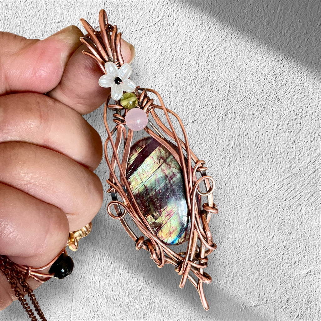 Purple and Green Labradorite Wire Wrapped Pendant