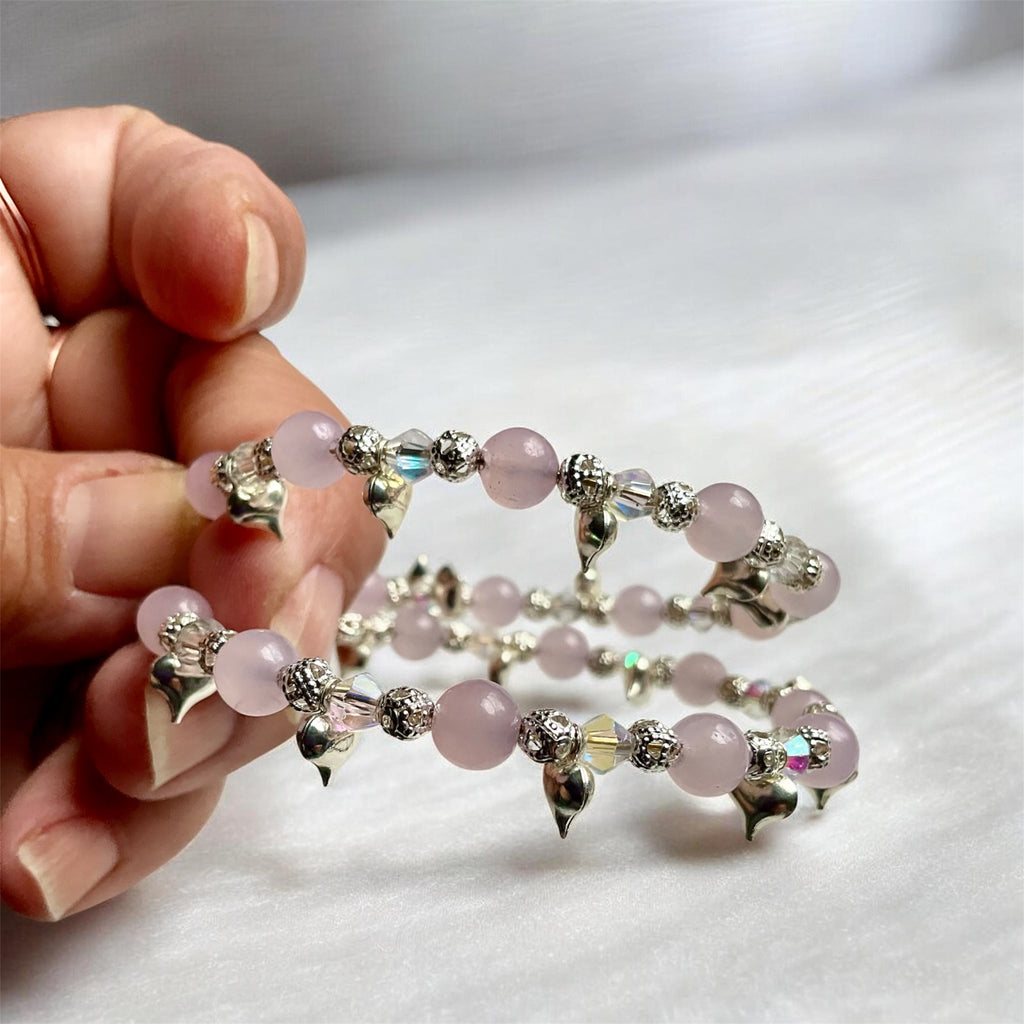 Rose Quartz “Chain Of Hearts” Memory Wire Bracelet - Connie’s Crystals 