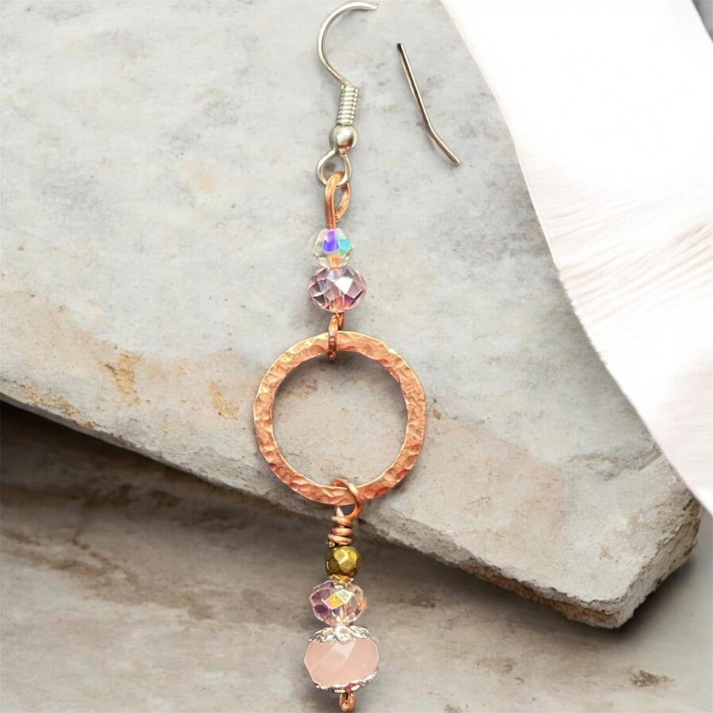 Handmade Rose Quartz & Copper Hammered Hoop Earrings