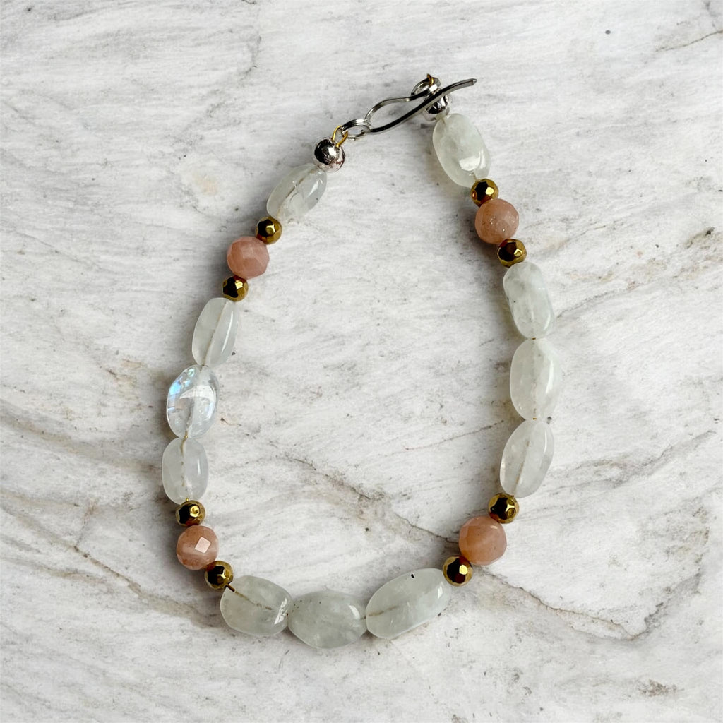 Moonstone, Sunstone & Golden Pyrite Bracelet - Connie’s Crystals 