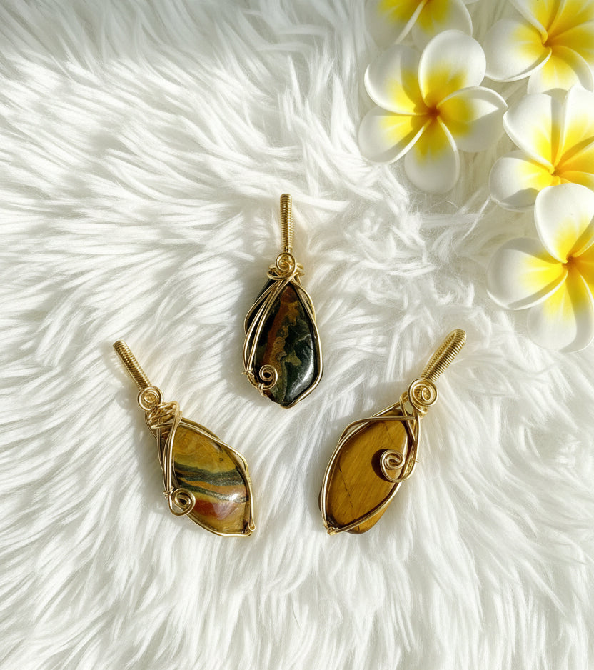 Tiger Eye 14K Gold-Plated Wire Wrapped Pendants