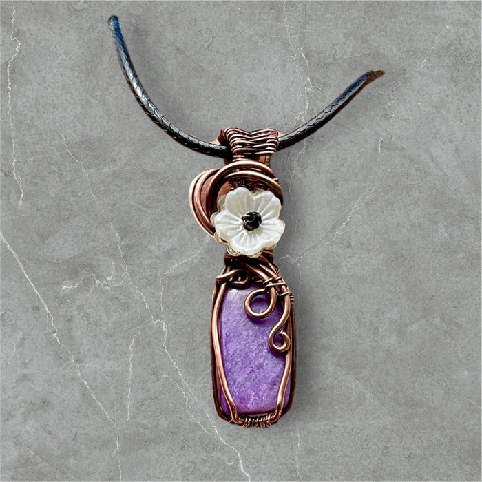 Charoite Mini Pendant with Flower and Black Spinel Accent