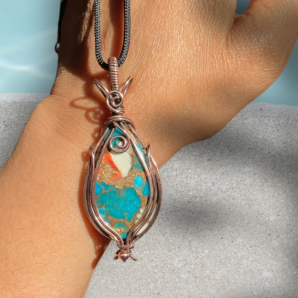 Spiny Oyster Turquoise Wire Wrapped Pendant