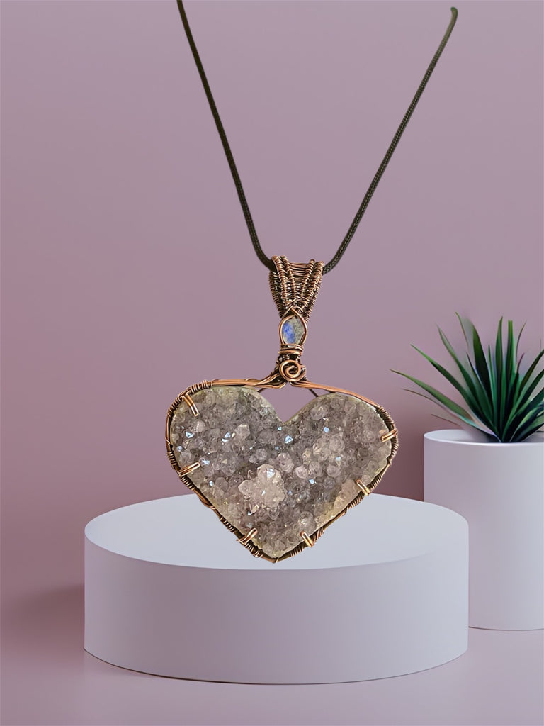 Amethyst Druzy Heart Pendant with Moonstone Accent - Connie’s Crystals 