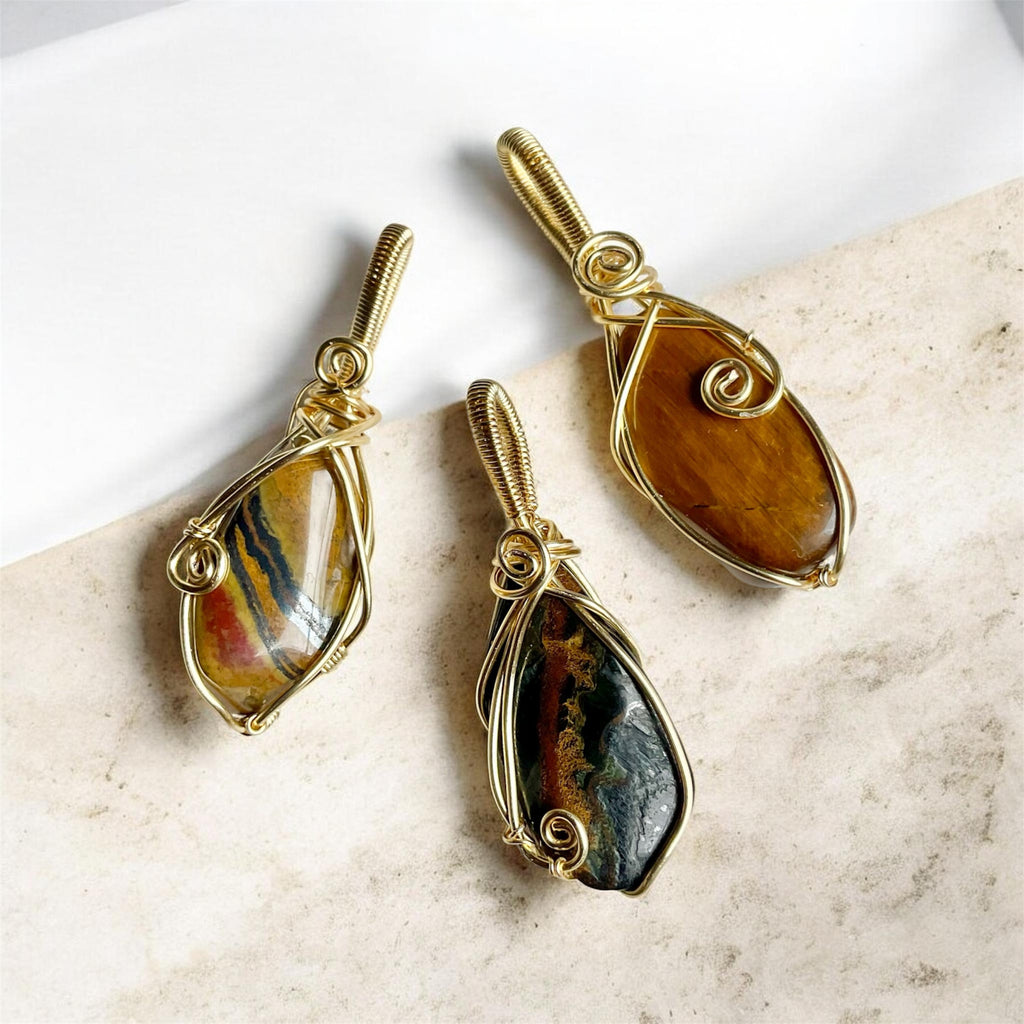 Tiger Eye 14K Gold-Plated Wire Wrapped Pendants