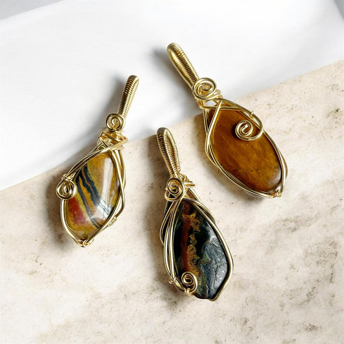 Tiger Eye 14K Gold-Plated Wire Wrapped Pendants