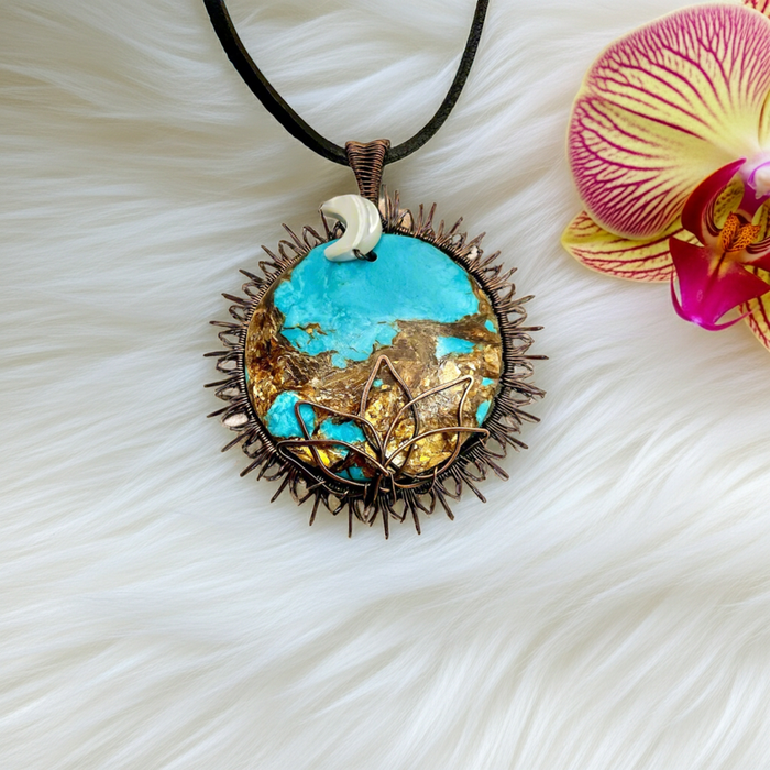 Copper Turquoise Sun, Moon & Lotus Pendant - Connie’s Crystals 