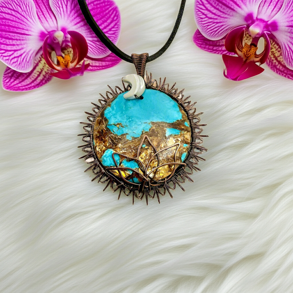 Copper Turquoise Sun, Moon & Lotus Pendant - Connie’s Crystals 