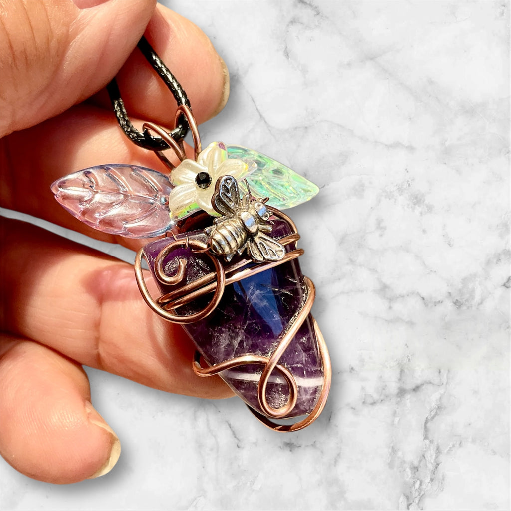 Chevron Amethyst “Bee & Bloom” Pendant — Black Spinel Flower Centre - Connie’s Crystals 