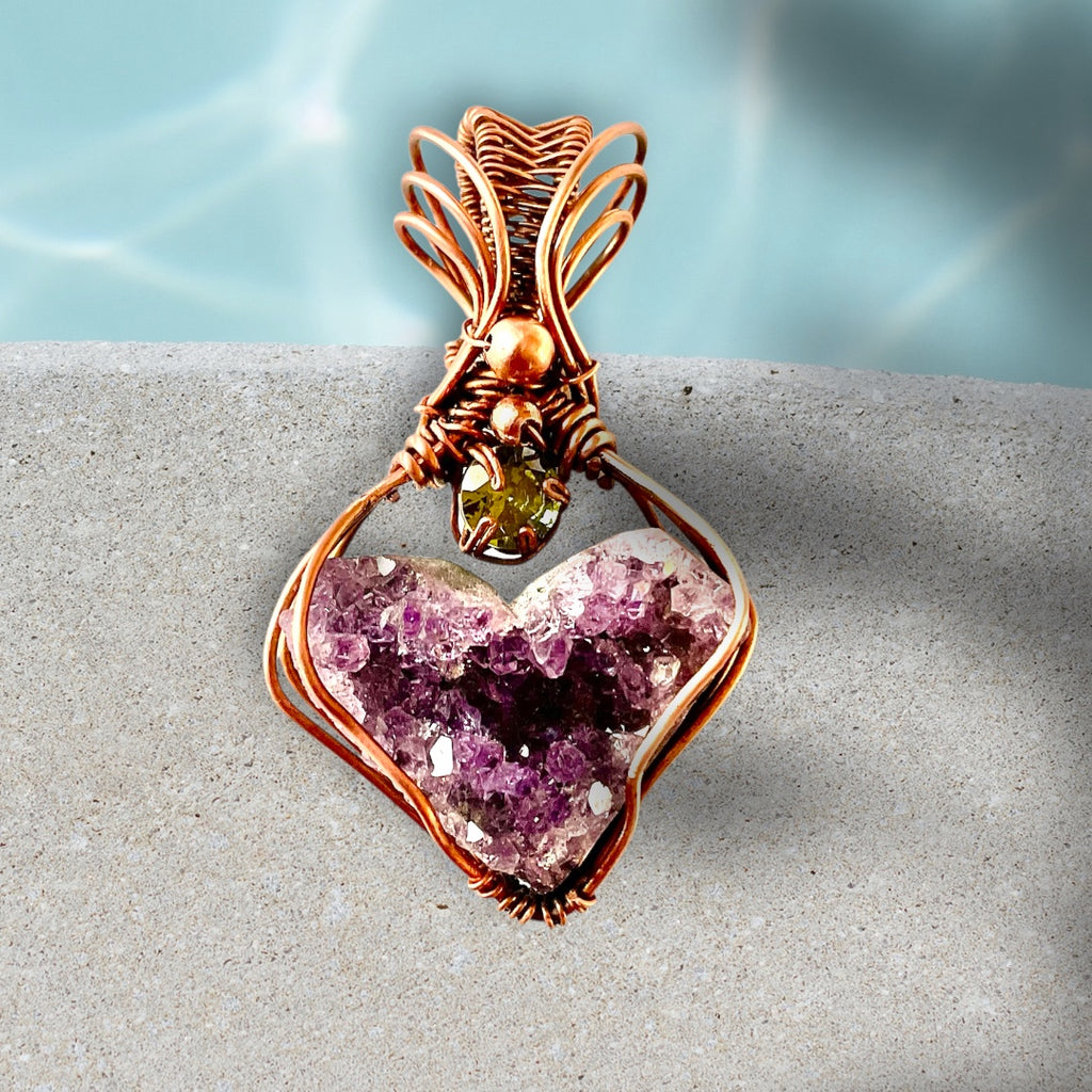Amethyst Heart Geode Pendant with Peridot Accent