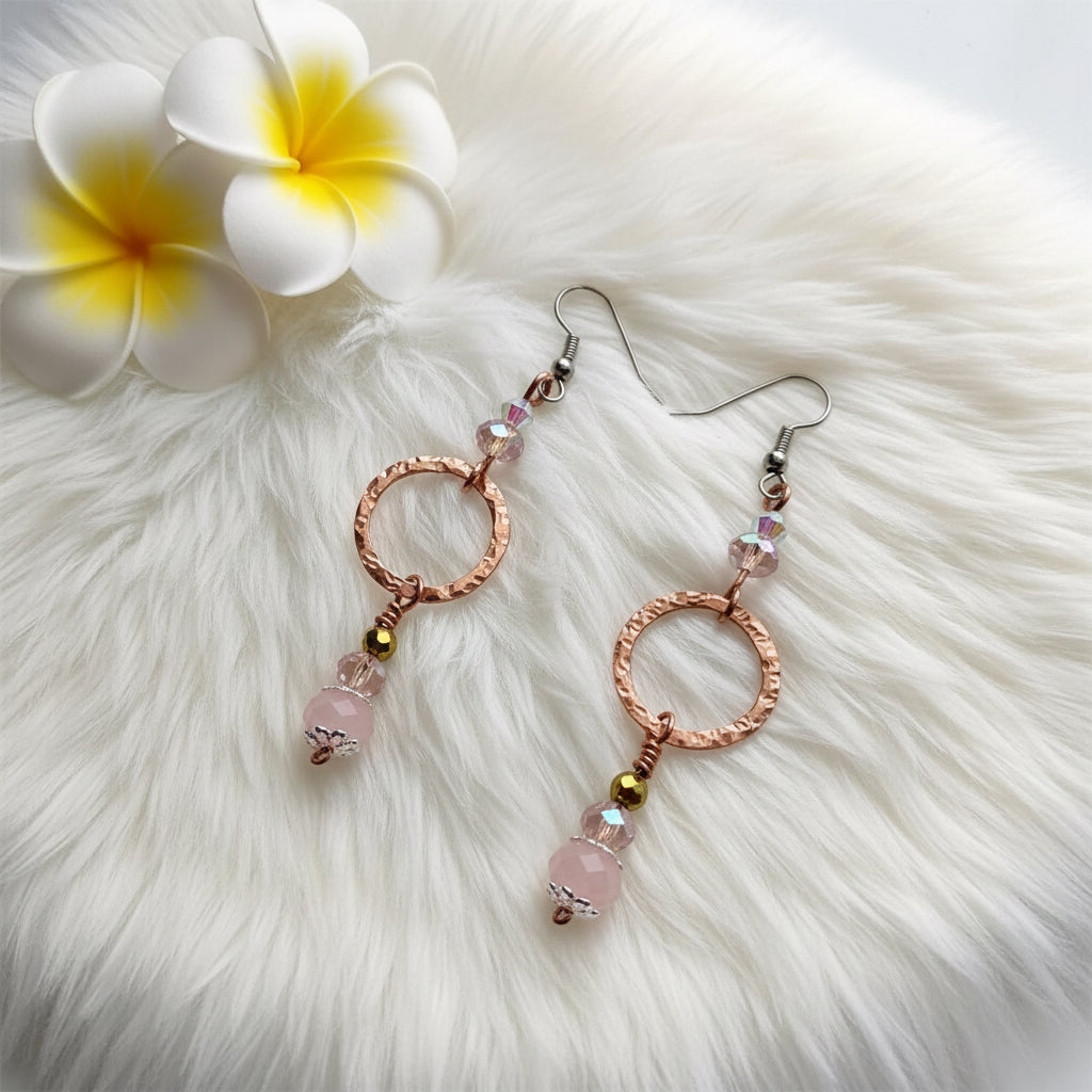 Handmade Rose Quartz & Copper Hammered Hoop Earrings