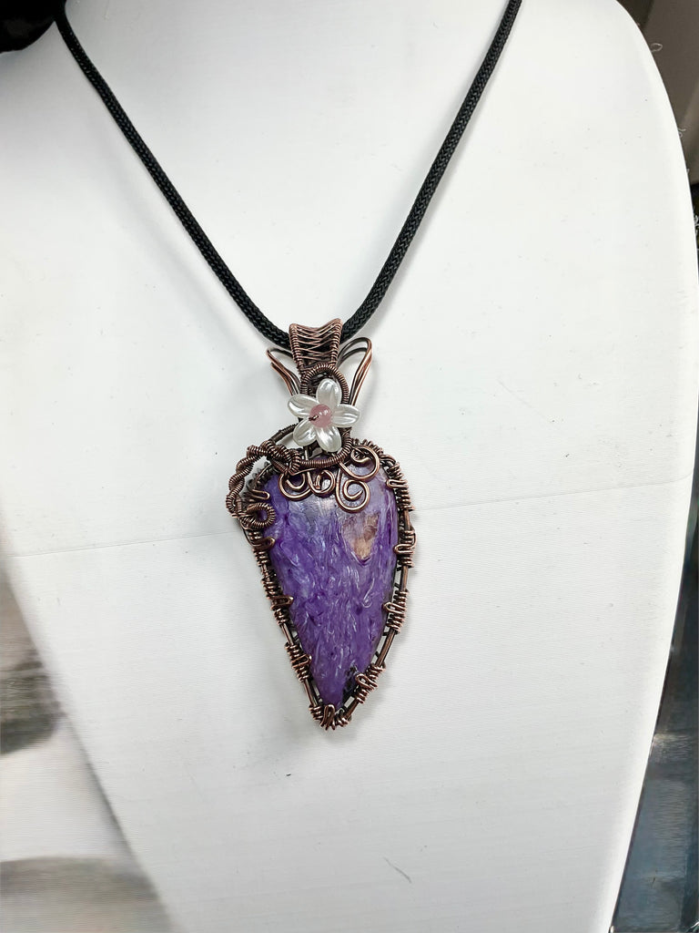 Charoite & Pink Tourmaline Copper Wire-Wrapped Pendant 💜🌸 - Connie’s Crystals 