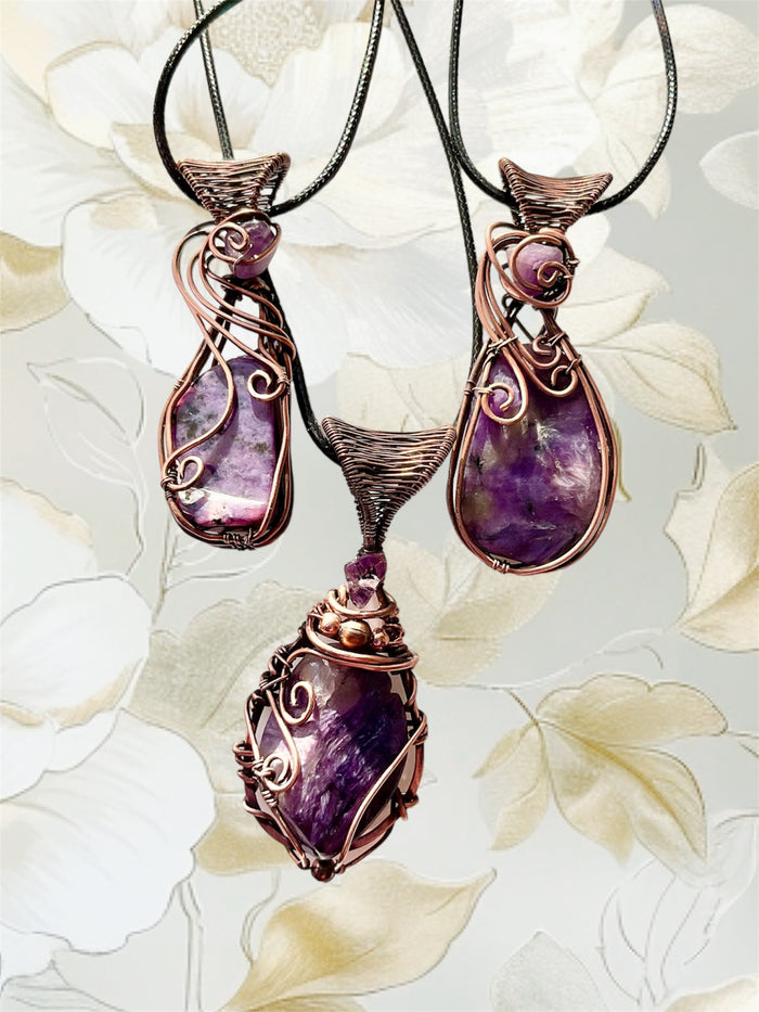 Charoite Wire Wrapped Pendants With Amethyst Accent