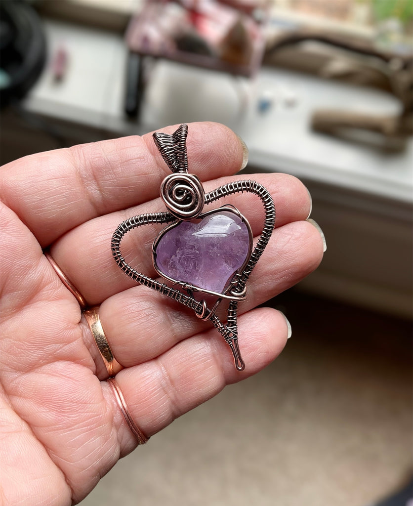 Amethyst Puffy Heart Wire Wrapped Pendant - Connie’s Crystals 