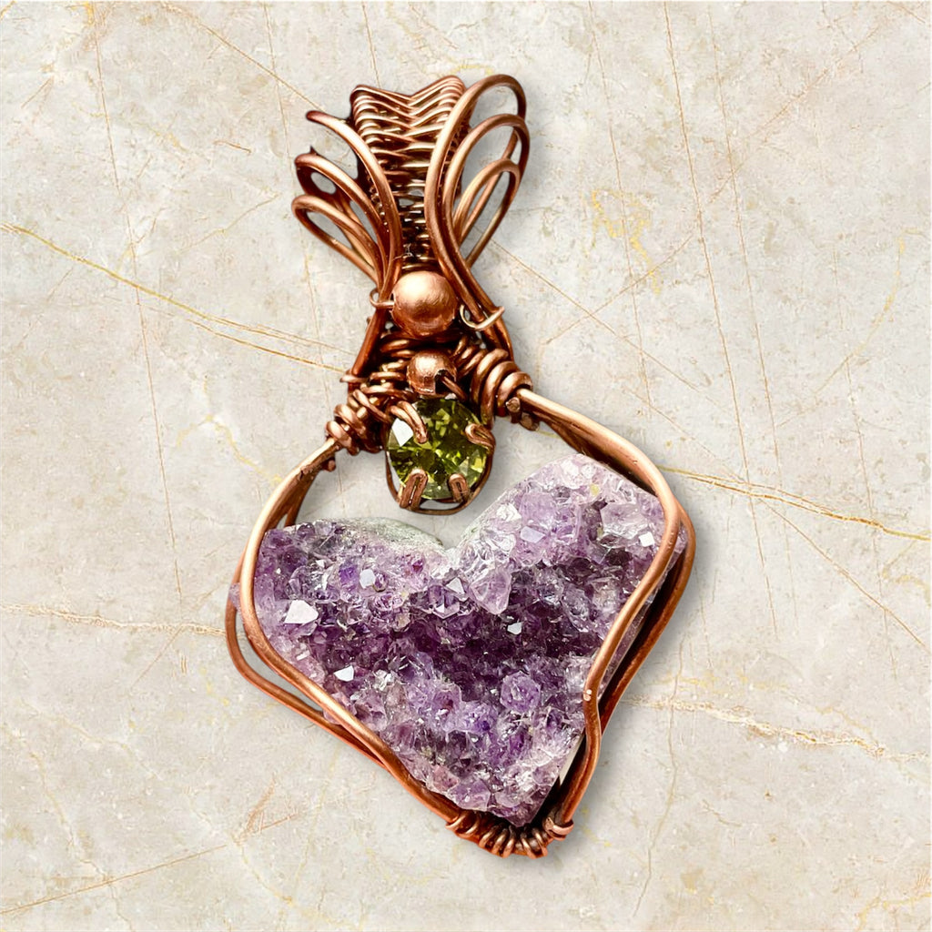 Amethyst Heart Geode Pendant with Peridot Accent