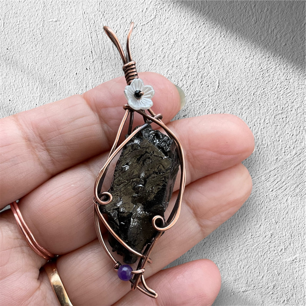 Noble Shungite Pendant With Amethyst and Black Spinel Accents
