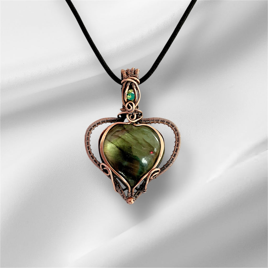 Labradorite Puffy Heart Wire Wrapped Pendant with Peridot Accent