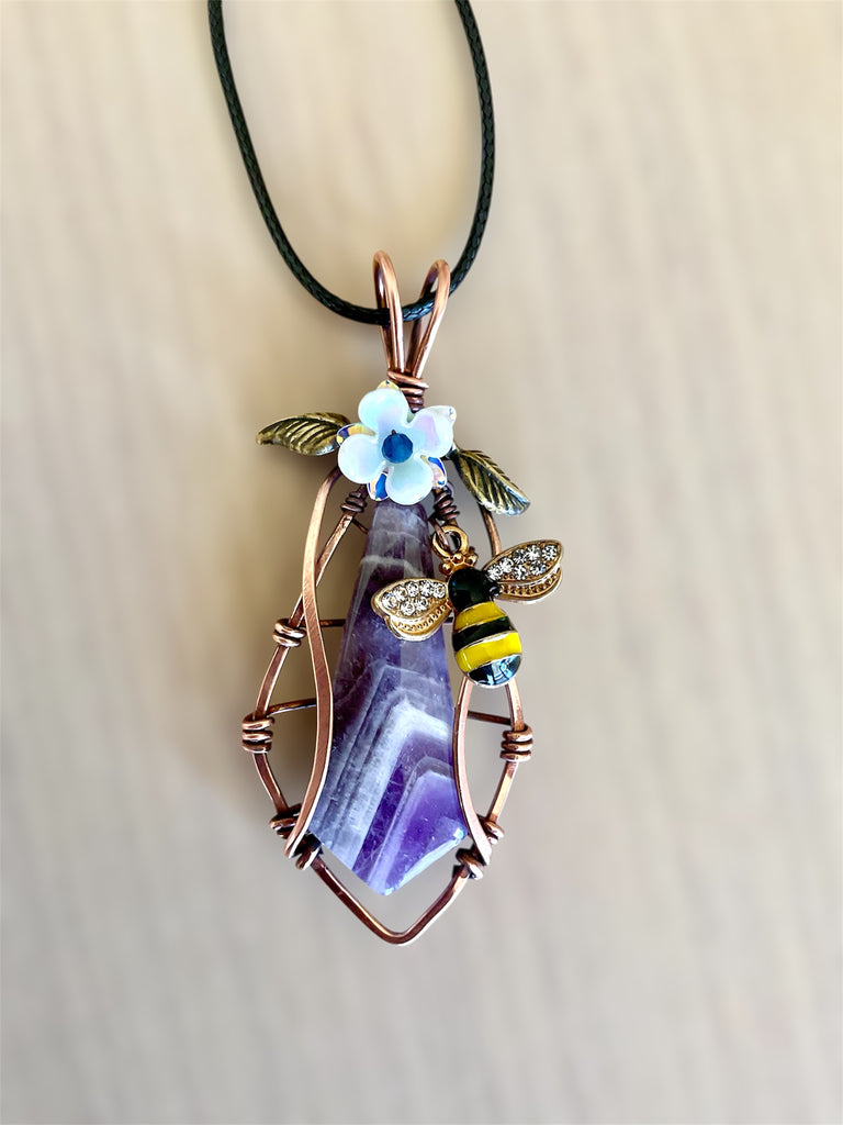 Chevron Amethyst “Bee & Bloom” Pendant-(Large) - Connie’s Crystals 