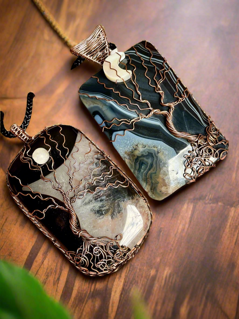 Black Druzy Agate Tree of Life with Moonstone Accent