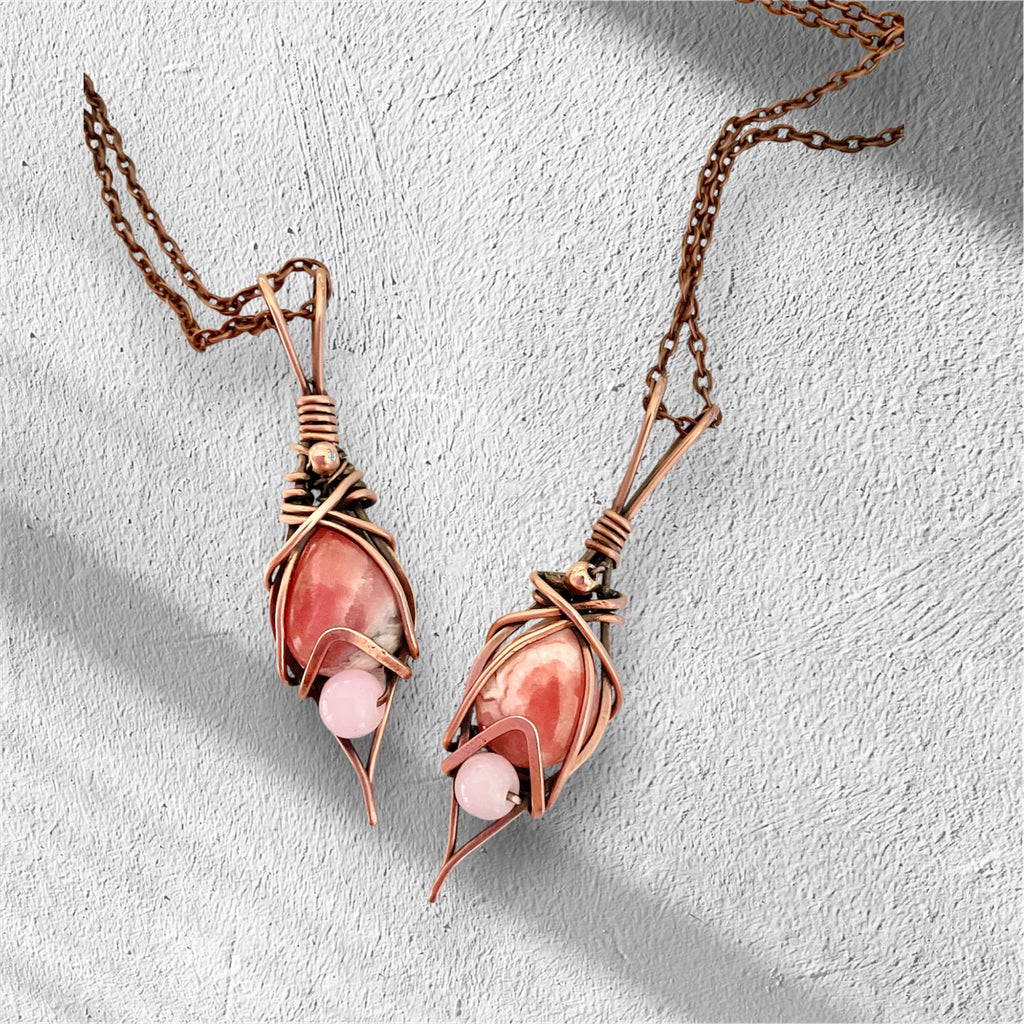 Rhodochrosite & Rose Quartz Wire Wrapped Pendants