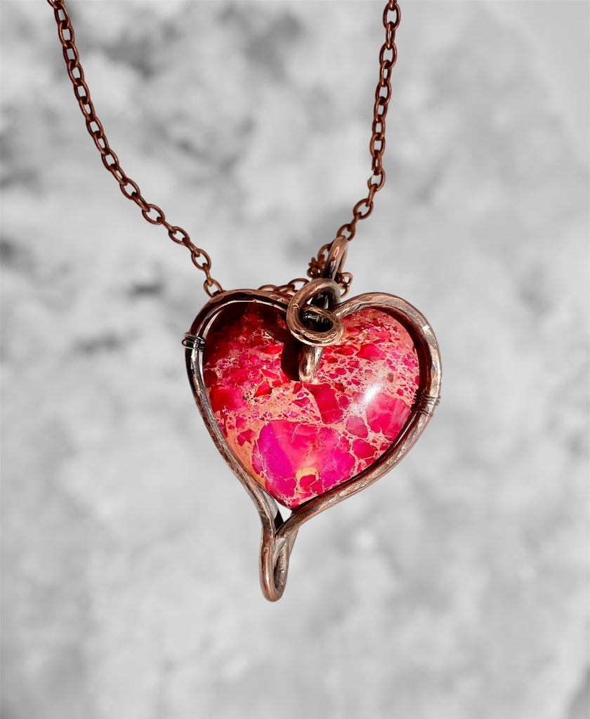 Pink Brecciated Jasper Heart Wire Wrapped Pendant - Connie’s Crystals 
