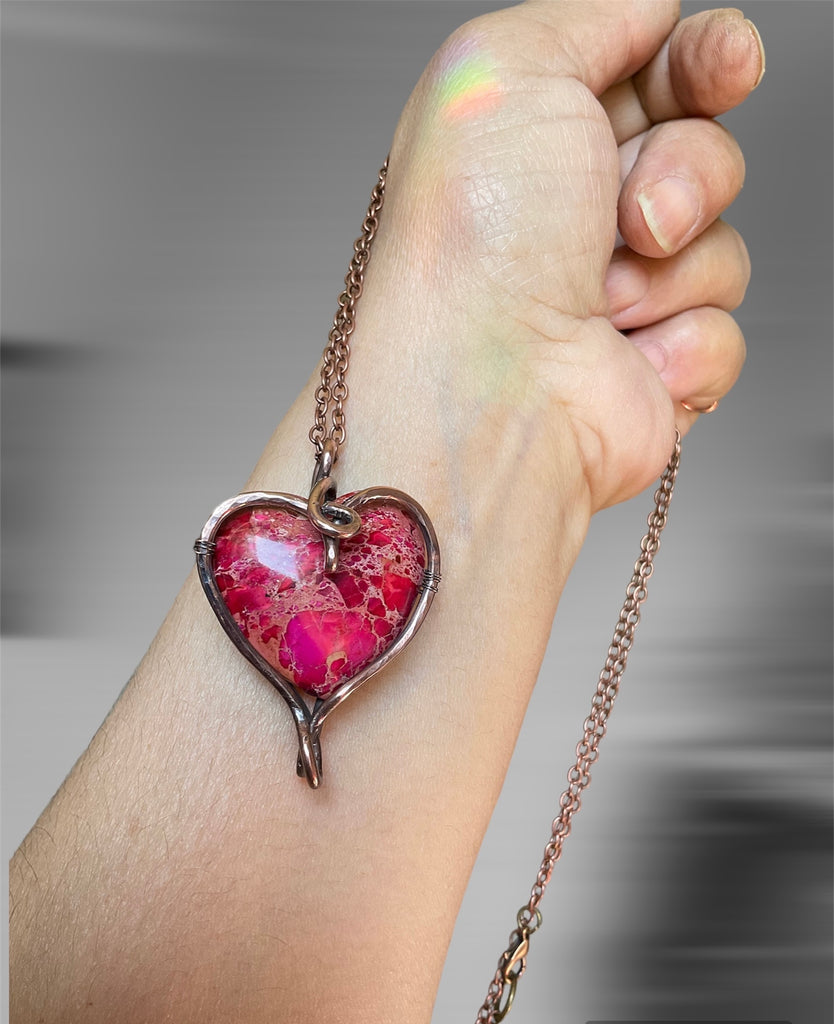 Pink Brecciated Jasper Heart Wire Wrapped Pendant - Connie’s Crystals 