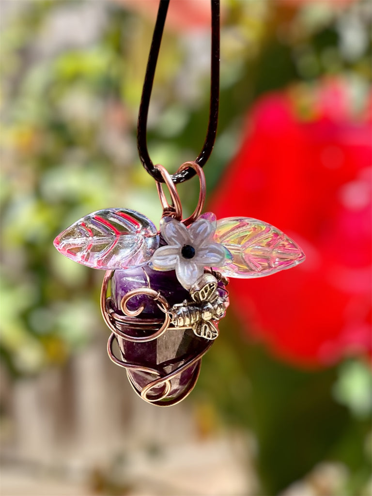 Chevron Amethyst “Bee & Bloom” Pendant — Black Spinel Flower Centre - Connie’s Crystals 