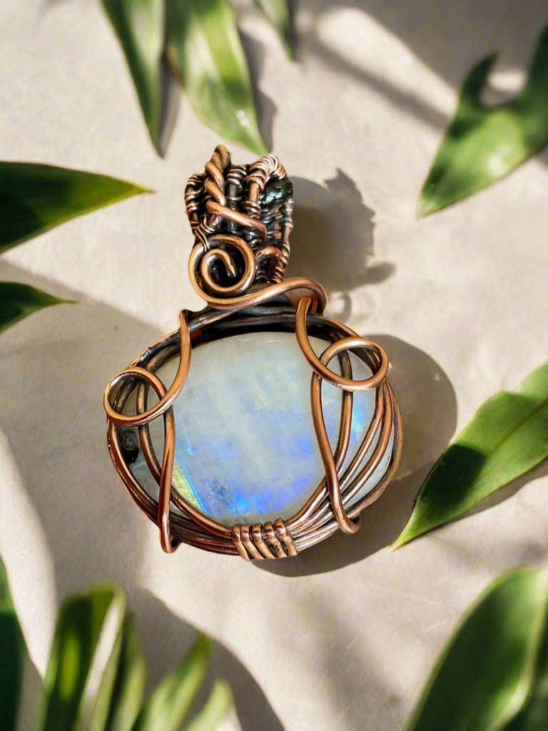 Rainbow Moonstone Wire Wrapped Pendant