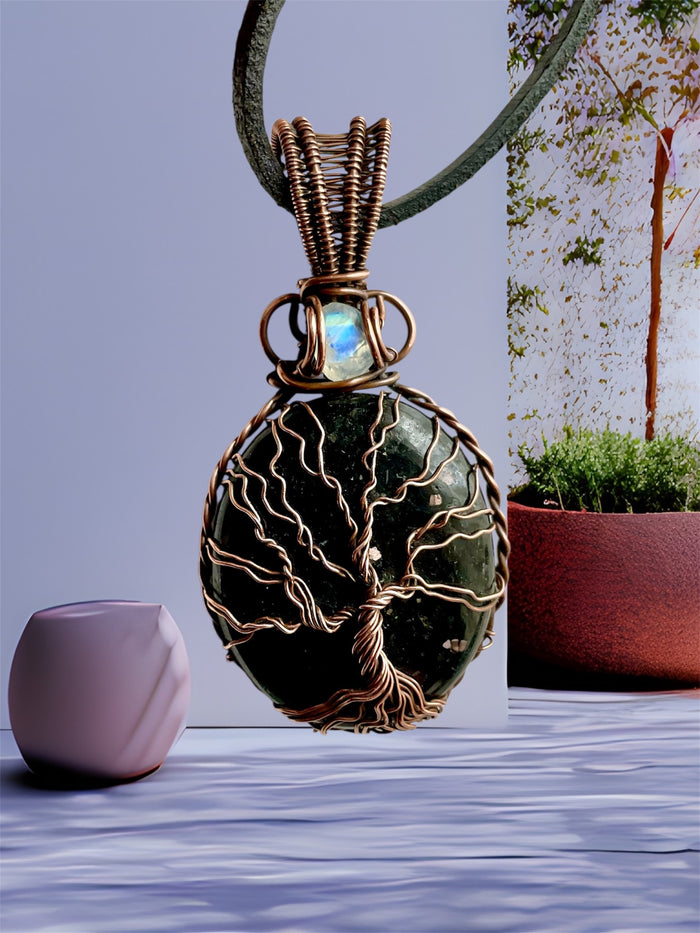 Nuummite Tree of Life Pendant With Moonstone Accent - Connie’s Crystals 