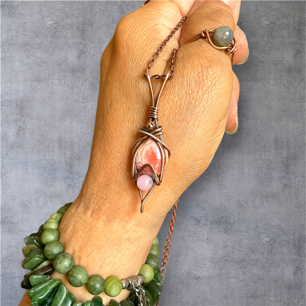Rhodochrosite & Rose Quartz Wire Wrapped Pendants